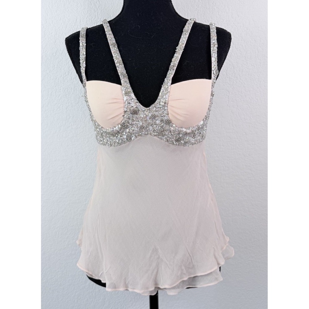 Mandalay Y2K Babydoll Top Sz 2 Blush Pink Beaded Sequin Embellished Sheer Silk